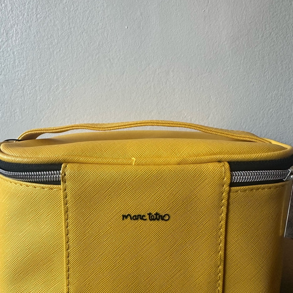 Marc Tetro Yellow Cosmetic Bag with Dog and Striped Interior, Handle NWT - Picture 5 of 5